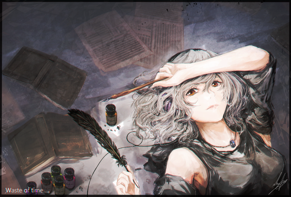 Anime picture 1605x1089 with original marumoru single looking at viewer short hair holding brown eyes signed lying grey hair inscription on back border girl headphones book (books) feather (feathers) necklace paper ink
