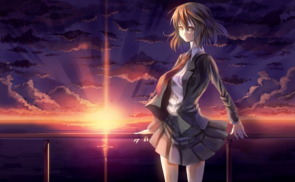 Anime picture 1100x680 with original paseri short hair brown hair wide image sky cloud (clouds) sunlight evening sunset scenic girl skirt miniskirt water necktie sea