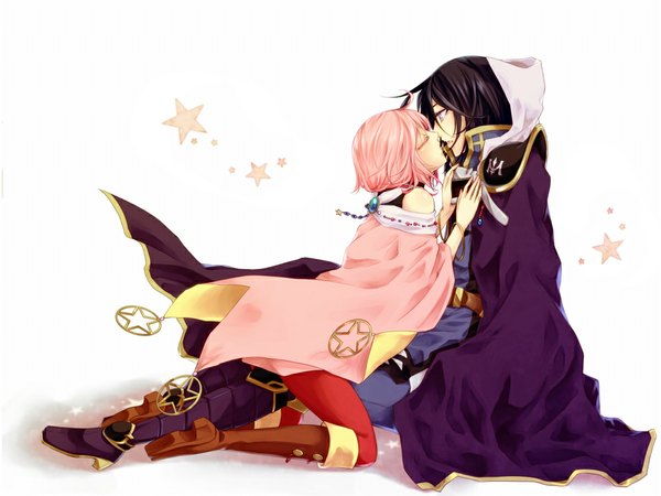 Anime picture 1000x750 with kirby (series) kirby meta knight monosakura (artist) short hair simple background white background sitting purple eyes bare shoulders pink hair purple hair eyes closed profile couple kneeling face to face almost kiss girl boy