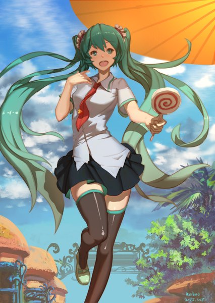 Anime picture 1240x1748 with vocaloid hatsune miku reisun001 single tall image looking at viewer fringe breasts open mouth twintails holding signed sky cloud (clouds) very long hair pleated skirt aqua eyes aqua hair short sleeves alternate costume