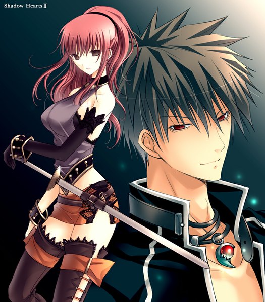 Anime picture 800x914 with shadow hearts shadow hearts ii yuri hyuga karin koenig tagme (artist) long hair tall image looking at viewer short hair red eyes brown hair bare shoulders brown eyes bent knee (knees) red hair open clothes open jacket dark background lacing girl