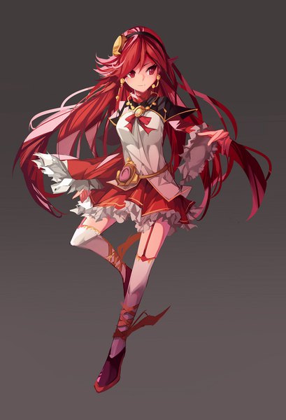 Anime picture 800x1173 with arado senki nami qi single long hair tall image simple background red eyes standing looking away red hair grey background wide sleeves gradient background standing on one leg leg lift (legs lift) girl thighhighs dress earrings frills