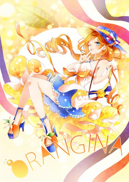 Anime picture 707x1000 with original orangina eim single long hair tall image blush blue eyes bare shoulders one eye closed wink orange hair wavy hair girl dress gloves bow hat shoes fingerless gloves