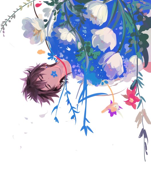 Anime picture 2000x2269 with pancake-waddle tall image highres short hair simple background brown hair eyes closed upside down boy flower (flowers) earrings petals