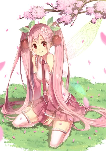 Anime picture 1753x2480 with vocaloid hatsune miku sakura miku maya g single tall image looking at viewer blush highres smile twintails pink hair very long hair pink eyes girl thighhighs skirt flower (flowers) petals white thighhighs