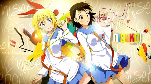 Anime picture 1920x1080 with nisekoi shaft (studio) kirisaki chitoge onodera kosaki redeye27 long hair looking at viewer blush fringe highres short hair blue eyes blonde hair smile hair between eyes brown hair wide image multiple girls brown eyes looking away