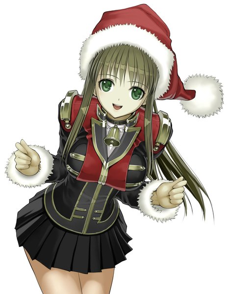 Anime picture 845x1081 with nakabayashi reimei single long hair tall image looking at viewer simple background brown hair white background green eyes fur trim girl skirt fur bell santa claus hat