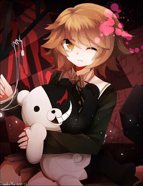 Anime picture 800x1040 with dangan ronpa monokuma fujisaki chihiro shouen kigashi single tall image looking at viewer fringe short hair brown hair sitting holding signed parted lips pleated skirt one eye closed tears otoko no ko wince boy