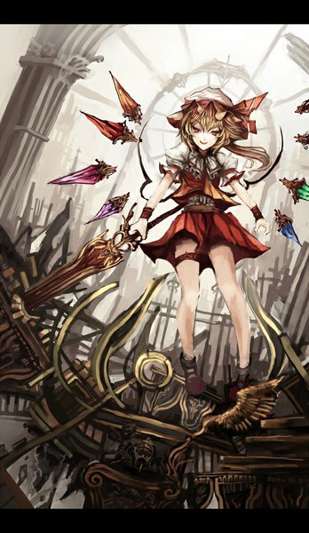 Anime picture 580x1000 with touhou flandre scarlet makai no juumin single long hair tall image blonde hair red eyes holding legs girl skirt weapon hat shirt wings shoes skirt set crystal wristlet