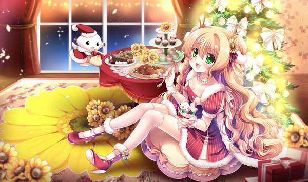 Anime picture 2116x1254 with original sakurano tsuyu single long hair blush highres open mouth blonde hair wide image sitting green eyes christmas girl thighhighs dress hair ornament flower (flowers) white thighhighs food sweets