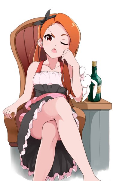 Anime picture 920x1465 with idolmaster minase iori haseneko single long hair tall image open mouth simple background red eyes white background sitting one eye closed wink orange hair crossed legs girl dress ribbon (ribbons) hair ribbon earrings