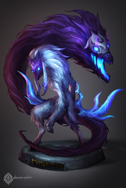 Anime picture 1000x1488 with league of legends kindred (league of legends) lamb (league of legends) daemonstar (artist) long hair tall image open mouth blue eyes simple background standing silver hair purple hair dark background weapon animal mask bow (weapon) wolf sheep