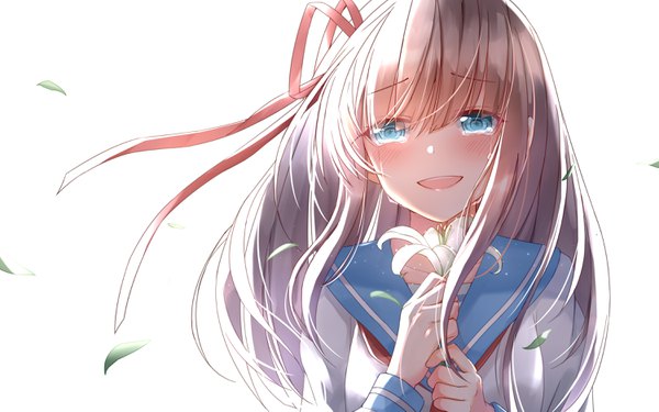 Anime picture 3000x1875 with original sll single long hair looking at viewer blush fringe highres open mouth blue eyes simple background smile brown hair white background holding upper body blunt bangs head tilt :d wind