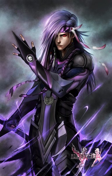Anime picture 1600x2500 with final fantasy final fantasy xiii square enix caius ballad ninjatic single long hair tall image fringe simple background red eyes purple hair hair over one eye inscription magic boy weapon earrings armor fingerless gloves
