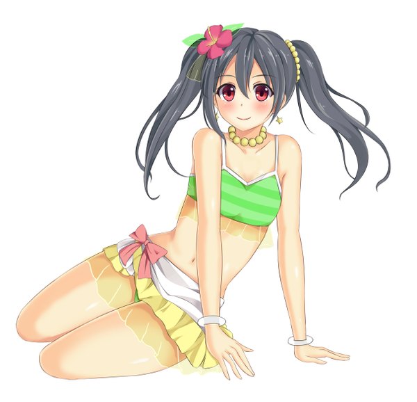 Anime picture 1214x1171 with love live! school idol project sunrise (studio) love live! yazawa nico single long hair blush light erotic black hair smile red eyes twintails hair flower girl navel hair ornament bow swimsuit bracelet