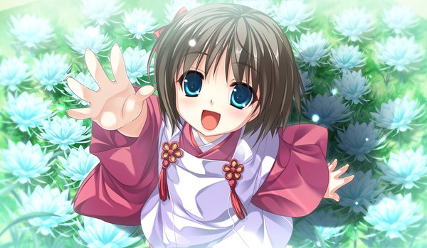 Anime picture 1074x626 with tsukumo no kanade skyfish (studio) blush short hair open mouth blue eyes brown hair wide image game cg traditional clothes girl flower (flowers) child (children)