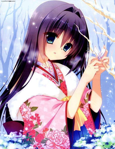 Anime picture 3926x5100 with dengeki moeou nanaka mai single long hair tall image looking at viewer fringe highres open mouth blue eyes black hair hair between eyes absurdres traditional clothes japanese clothes scan floral print snowing snow exhalation