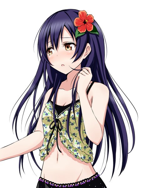 Anime picture 1000x1330 with love live! school idol project sunrise (studio) love live! sonoda umi suzushiro yukari single long hair tall image blush fringe breasts open mouth simple background white background bare shoulders brown eyes blue hair looking away cleavage hair flower