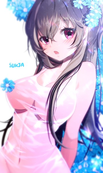 Anime picture 600x1000 with original sorolp single long hair tall image looking at viewer blush fringe breasts open mouth light erotic black hair hair between eyes large breasts standing bare shoulders signed pink eyes hair flower wet