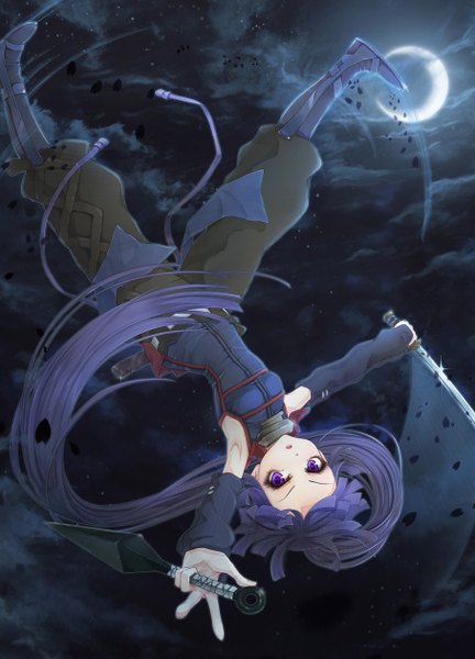 Anime picture 908x1260 with log horizon akatsuki (log horizon) wait (artist) single tall image looking at viewer open mouth purple eyes blue hair cloud (clouds) ponytail very long hair traditional clothes night girl weapon sword katana kunai