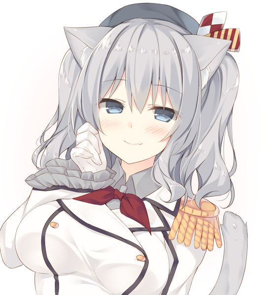 Anime picture 1711x1892 with kantai collection kashima training cruiser miko (royal milk) single long hair tall image blush fringe highres blue eyes simple background smile hair between eyes white background twintails animal ears silver hair upper body tail animal tail