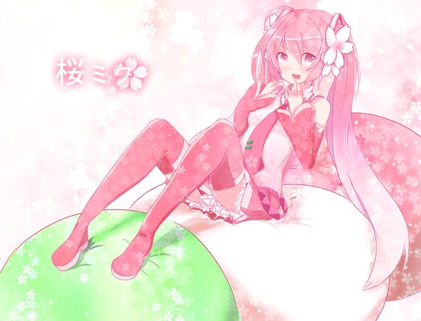 Anime picture 1200x914 with vocaloid hatsune miku sakura miku rua (abcd29211) single blush open mouth twintails pink hair very long hair pink eyes cherry blossoms girl thighhighs skirt detached sleeves miniskirt petals necktie pink skirt