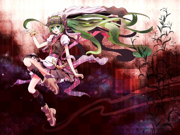 Anime picture 1600x1200 with vocaloid hatsune miku haya-g long hair green eyes green hair girl hair ornament boots bracelet apron