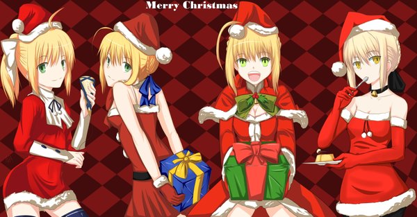 Anime picture 3600x1878 with fate (series) fate/stay night fate/extra fate/unlimited codes studio deen type-moon artoria pendragon (all) saber nero claudius (fate) (all) saber alter nero claudius (fate) saber lily mp31097 fringe highres short hair open mouth blonde hair wide image multiple girls