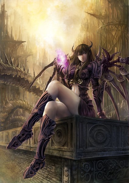 Anime picture 1500x2122 with original koukyou single long hair tall image brown hair sitting horn (horns) black eyes crossed legs demon girl serious demon mechanical wings warrior girl gloves wings elbow gloves armor