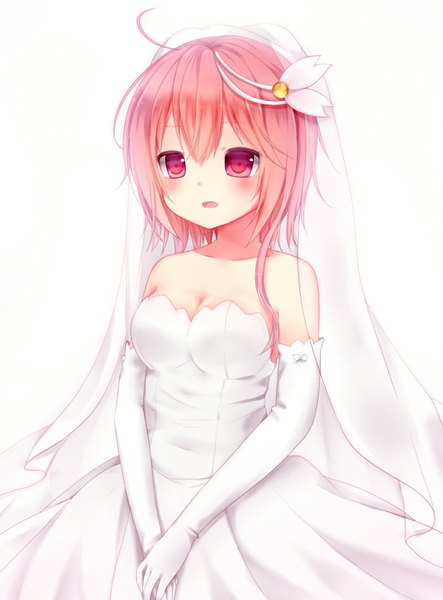 Anime picture 700x948 with kantai collection i-58 submarine nachi single tall image blush fringe short hair breasts open mouth white background bare shoulders looking away pink hair pink eyes girl dress gloves hair ornament hairclip
