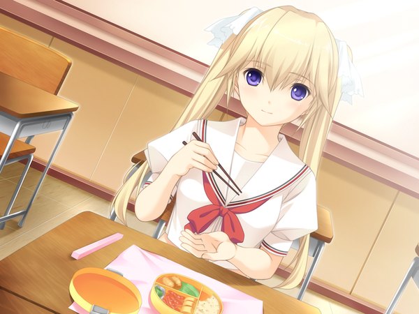 Anime picture 1024x768 with fluorite memories long hair blonde hair purple eyes twintails game cg girl serafuku food