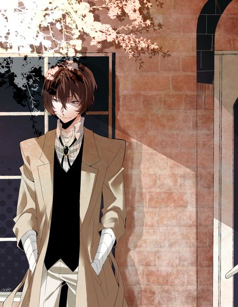Anime picture 1400x1800 with bungou stray dogs studio bones dazai osamu (bungou stray dogs) four-kunn single tall image fringe short hair smile hair between eyes brown hair standing brown eyes signed looking away outdoors shaded face hands in pockets brick wall boy