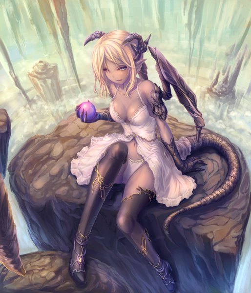 Anime picture 1200x1400 with original tenmaso single tall image short hair light erotic blonde hair smile sitting green eyes looking away horn (horns) aqua eyes from above pointy ears arm support leg lift (legs lift) fantasy rock dragon girl