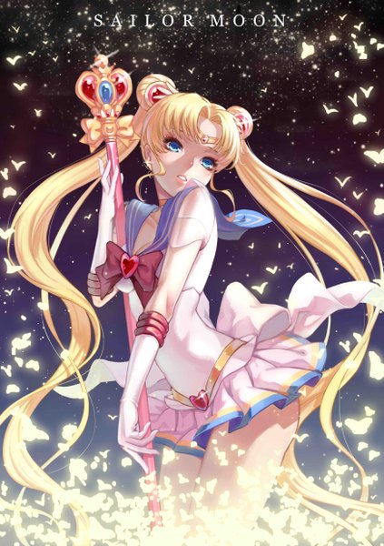 Anime picture 1748x2480 with bishoujo senshi sailor moon toei animation tsukino usagi sailor moon -elf-jy single long hair tall image highres blue eyes blonde hair twintails very long hair hair bun (hair buns) girl skirt gloves hair ornament miniskirt white gloves