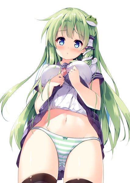 Anime picture 595x835 with touhou kochiya sanae miyase mahiro single long hair tall image looking at viewer blush fringe breasts blue eyes light erotic simple background standing white background green hair from below short sleeves alternate costume skirt lift