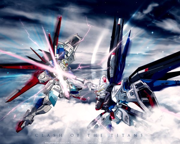 Anime picture 1280x1024 with mobile suit gundam gundam seed destiny gundam seed sunrise (studio) ningen (nattoli) arisawa hiroshi signed sky cloud (clouds) inscription wallpaper flying no people third-party edit battle damage weapon sword armor star (stars)