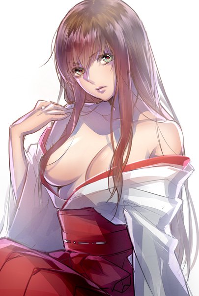 Anime picture 1024x1516 with original tayuya1130 single long hair tall image looking at viewer breasts light erotic simple background brown hair white background bare shoulders green eyes traditional clothes japanese clothes off shoulder miko girl obi hakama