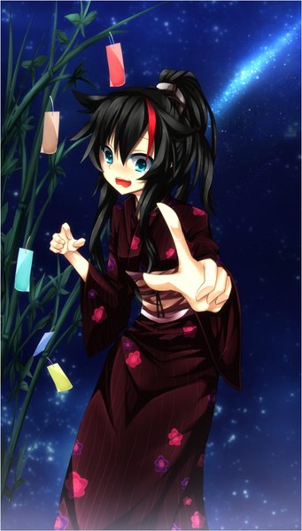 Anime picture 602x1058 with original asako iruru (original) fi-san single long hair tall image blush open mouth blue eyes black hair ponytail red hair traditional clothes japanese clothes multicolored hair night two-tone hair night sky streaked hair milky way