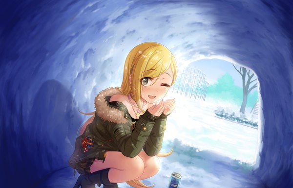 Anime picture 1280x824 with idolmaster idolmaster cinderella girls fujimoto rina single long hair looking at viewer blush open mouth blonde hair brown eyes one eye closed wink dutch angle snowing winter snow squat bare tree cold girl