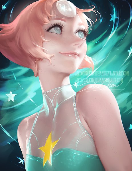 Anime picture 773x1000 with steven universe pearl (steven universe) sakimichan single tall image fringe short hair smile signed pink hair upper body looking back lips realistic grey eyes sleeveless lipstick watermark looking up pink lipstick