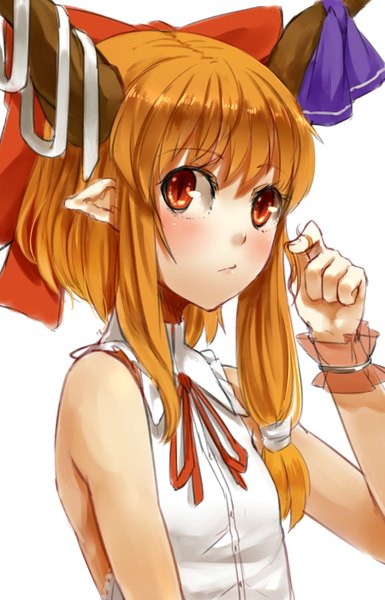 Anime picture 900x1400 with touhou ibuki suika nishiuri (artist) single tall image blush short hair blonde hair simple background red eyes white background looking away horn (horns) pointy ears alternate hairstyle alternate hair length girl bow hair bow