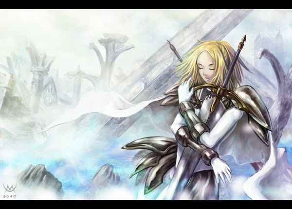 Anime picture 1024x735 with claymore madhouse miria single short hair blonde hair eyes closed hug ruins girl weapon sword armor cape