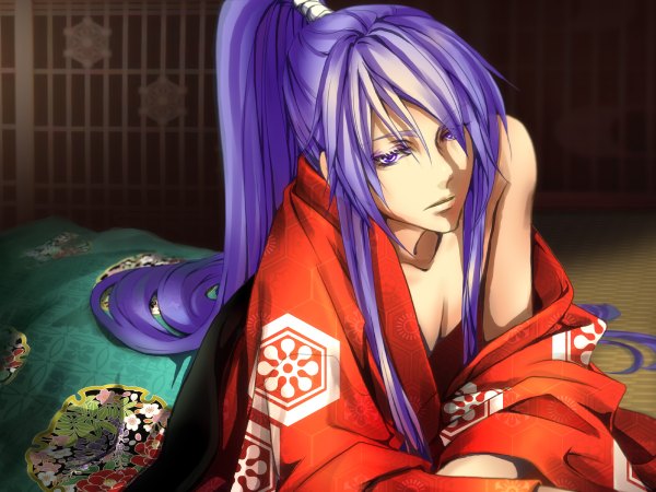 Anime picture 1200x900 with vocaloid kamui gakupo tagme (artist) single long hair purple eyes bare shoulders purple hair ponytail japanese clothes boy