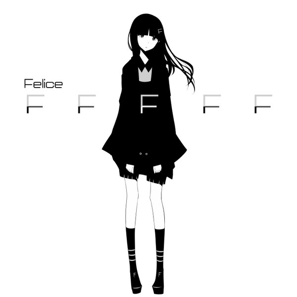 Anime picture 1500x1500 with original haru@ single long hair looking at viewer fringe black hair standing inscription monochrome girl hair ornament hairclip
