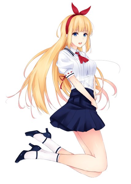 Anime picture 2033x2855 with original yu (takanashi) single long hair tall image highres open mouth blue eyes simple background blonde hair white background bent knee (knees) legs girl skirt uniform school uniform socks shoes shorts