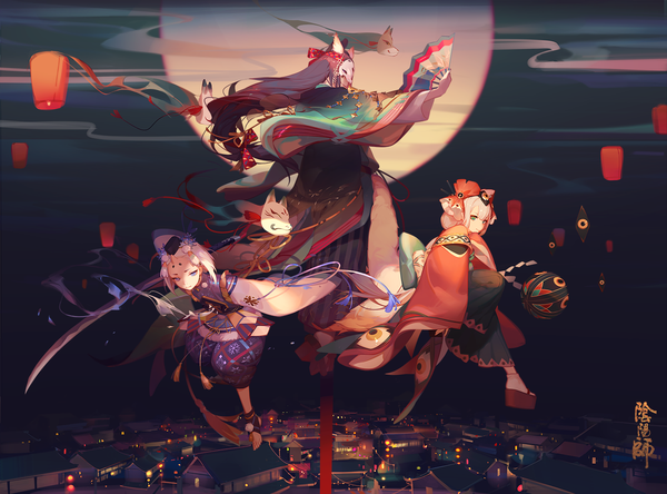 Anime picture 1500x1110 with onmyoji tamamo no mae (onmyoji) ask (askzy) long hair short hair blue eyes multiple girls green eyes animal ears purple hair white hair very long hair traditional clothes japanese clothes night fox ears smoke flying expressionless architecture