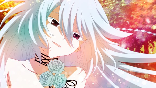Anime picture 1366x768 with pandora hearts xebec alice (pandora hearts) single long hair smile red eyes wide image white hair girl flower (flowers)