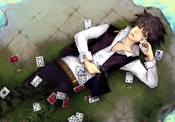 Anime picture 1024x712 with unodu short hair black hair brown eyes lying open clothes open shirt mouth hold boy plant (plants) shirt water glasses belt pants grass vest card (cards)