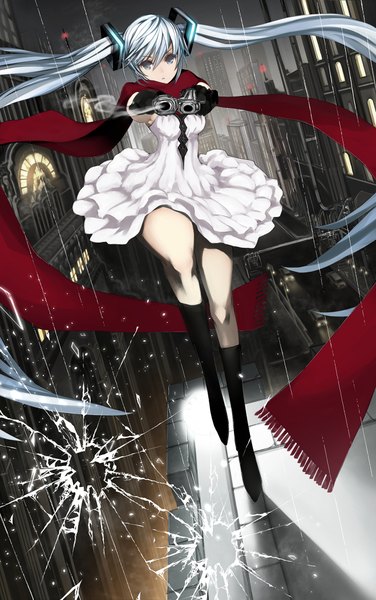 Anime picture 659x1051 with vocaloid hatsune miku catbell single tall image looking at viewer fringe breasts twintails holding very long hair aqua eyes aqua hair night city rain broken glass smoking gun girl dress