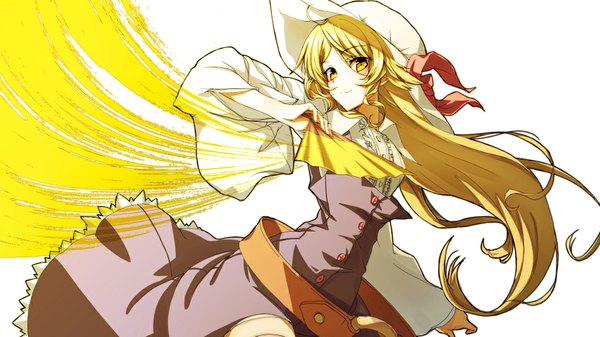 Anime picture 1024x576 with touhou watatsuki no toyohime kuroneko nero single long hair looking at viewer simple background blonde hair smile wide image white background yellow eyes magic girl dress hat fan